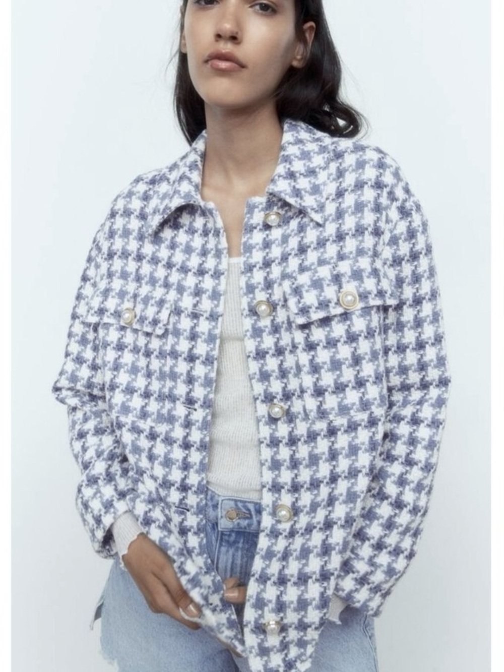 Zara Lilac & White Houndstooth Tweed Jacket